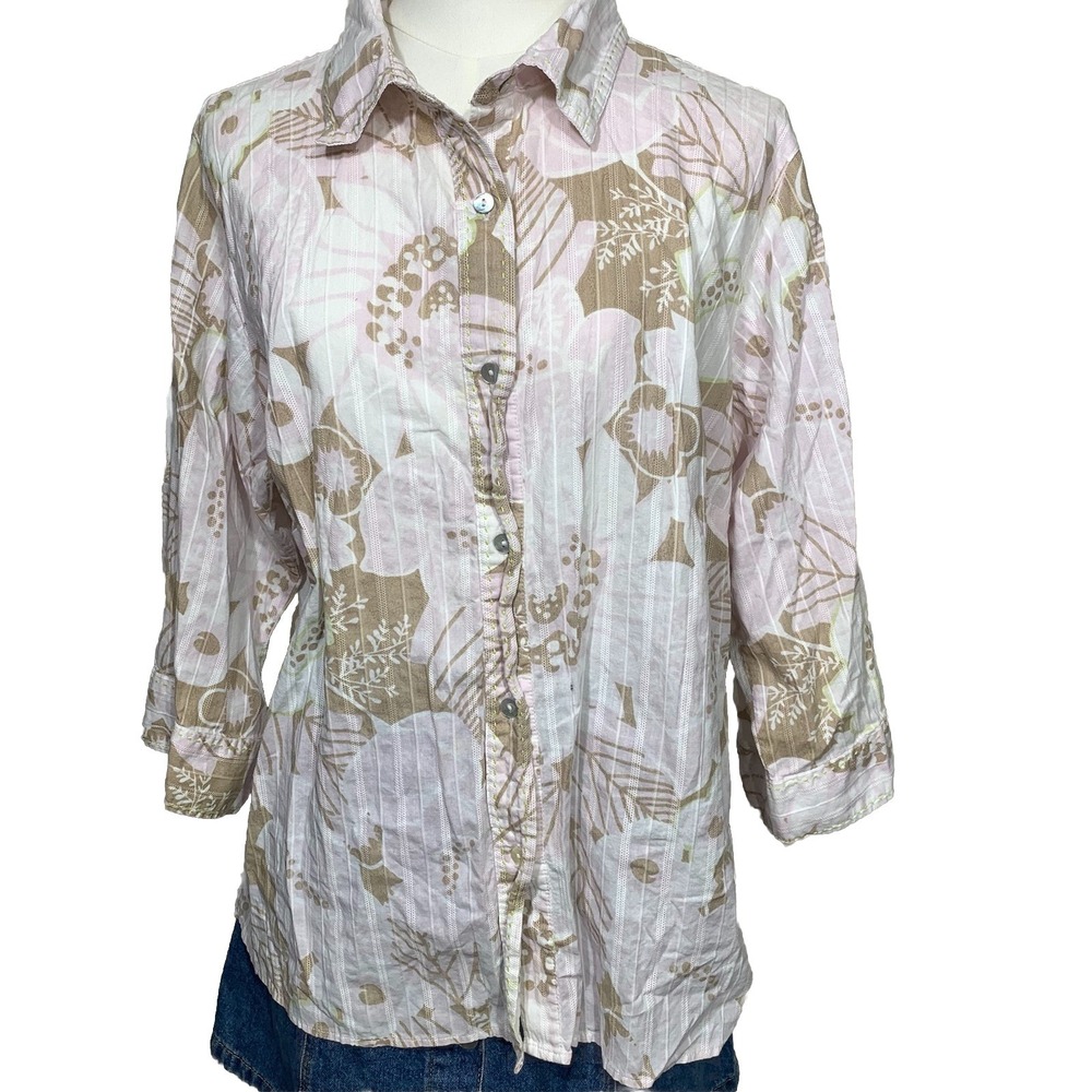 First Issue Liz Claiborne Button Shirt Women 1 Pink Tan‎ Floral Dobby Stripe 3/4